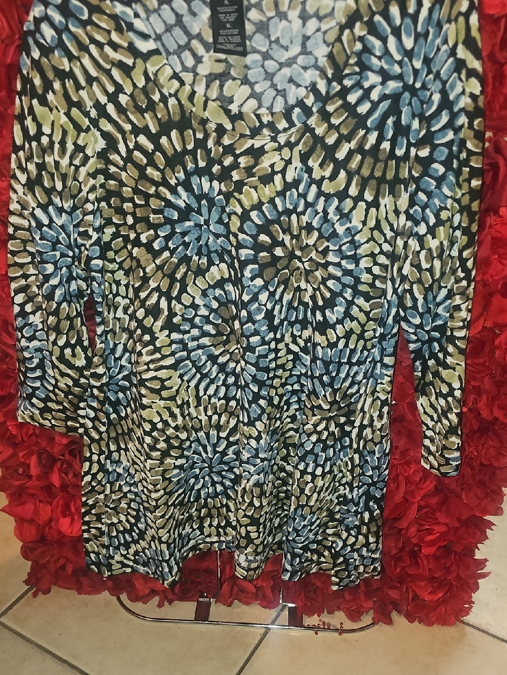 Premise Women's  Spiral Floral Scoop Neck Long Tunic in Blue & Olive Size Xlarge